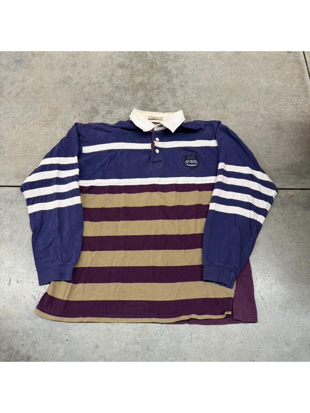 vintage guess american made in usa burgandy and blue striped rugby polo shirt